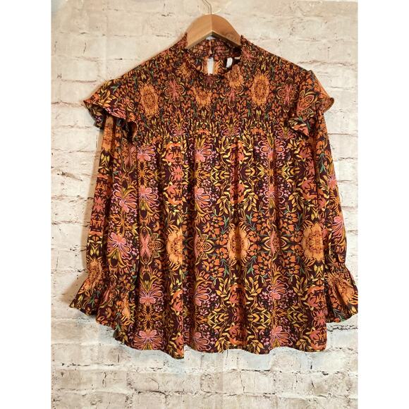 Cato Peasant Top Womens Large Rust Floral Bell Sleeve High Neck Smocked Boho - Picture 1 of 15